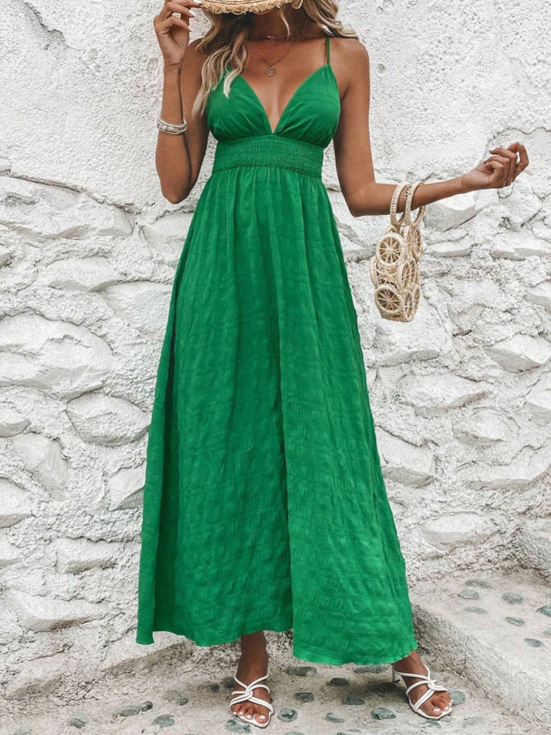 Back-to-School Flowy V-Neck Maxi Dress Dark Green