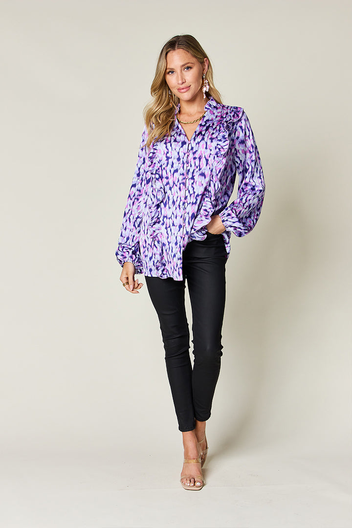 Printed Button-Down Top with Ruffle Balloon Sleeves