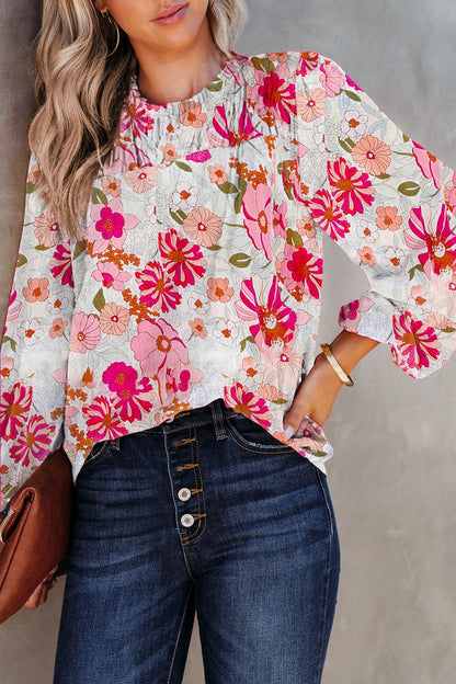 Floral Round Neck Balloon Sleeve Blouse Floral