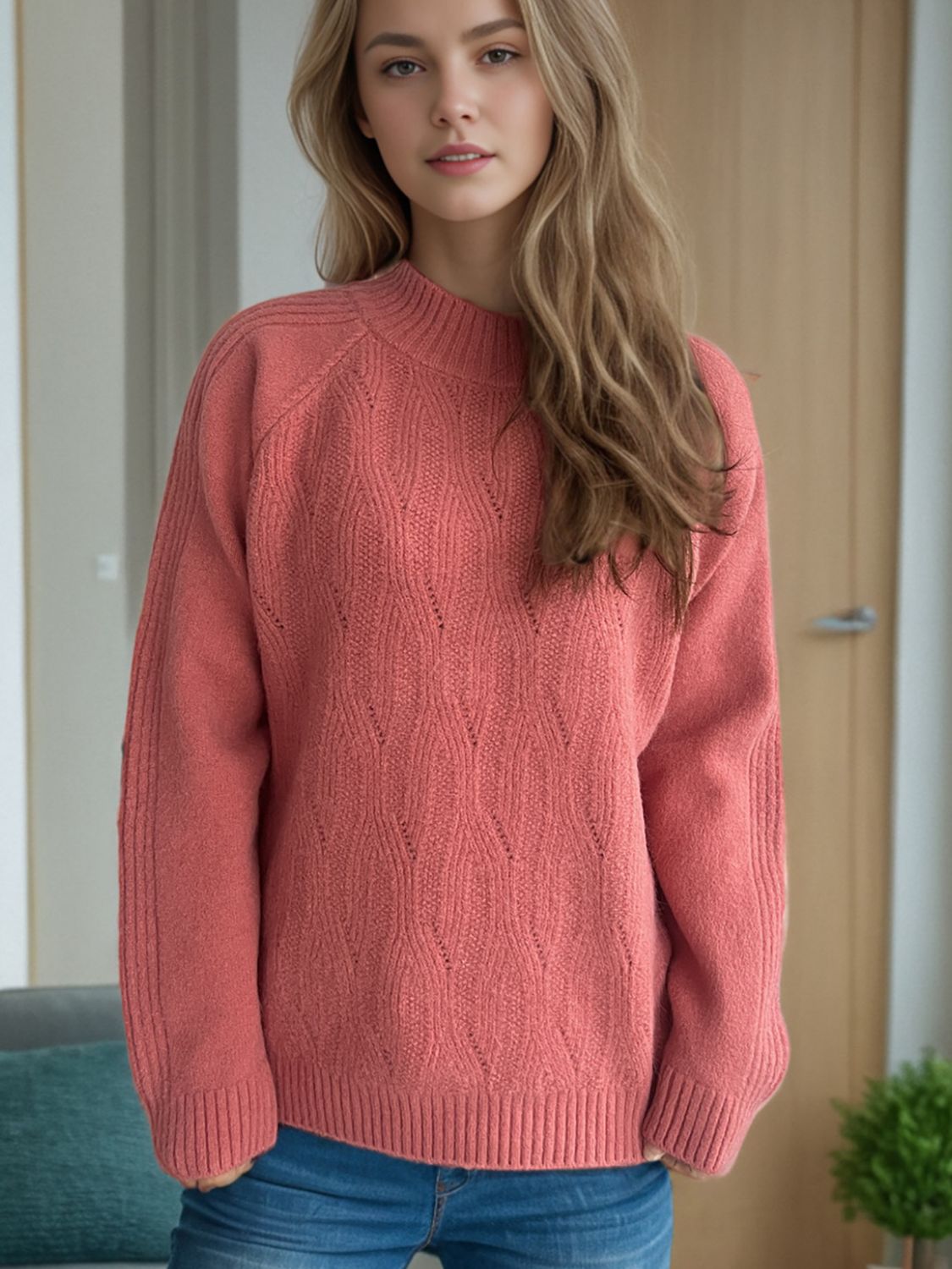 Mock Neck Long Sleeve Sweater Burnt Coral One Size