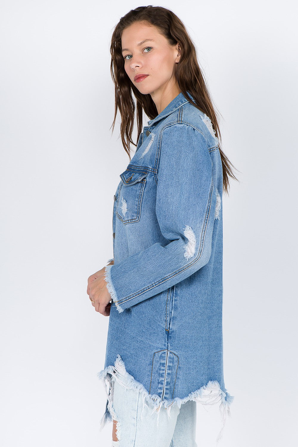 Women's Distressed Denim Jacket with Frayed Hem