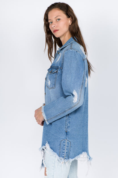 Women's Distressed Denim Jacket with Frayed Hem