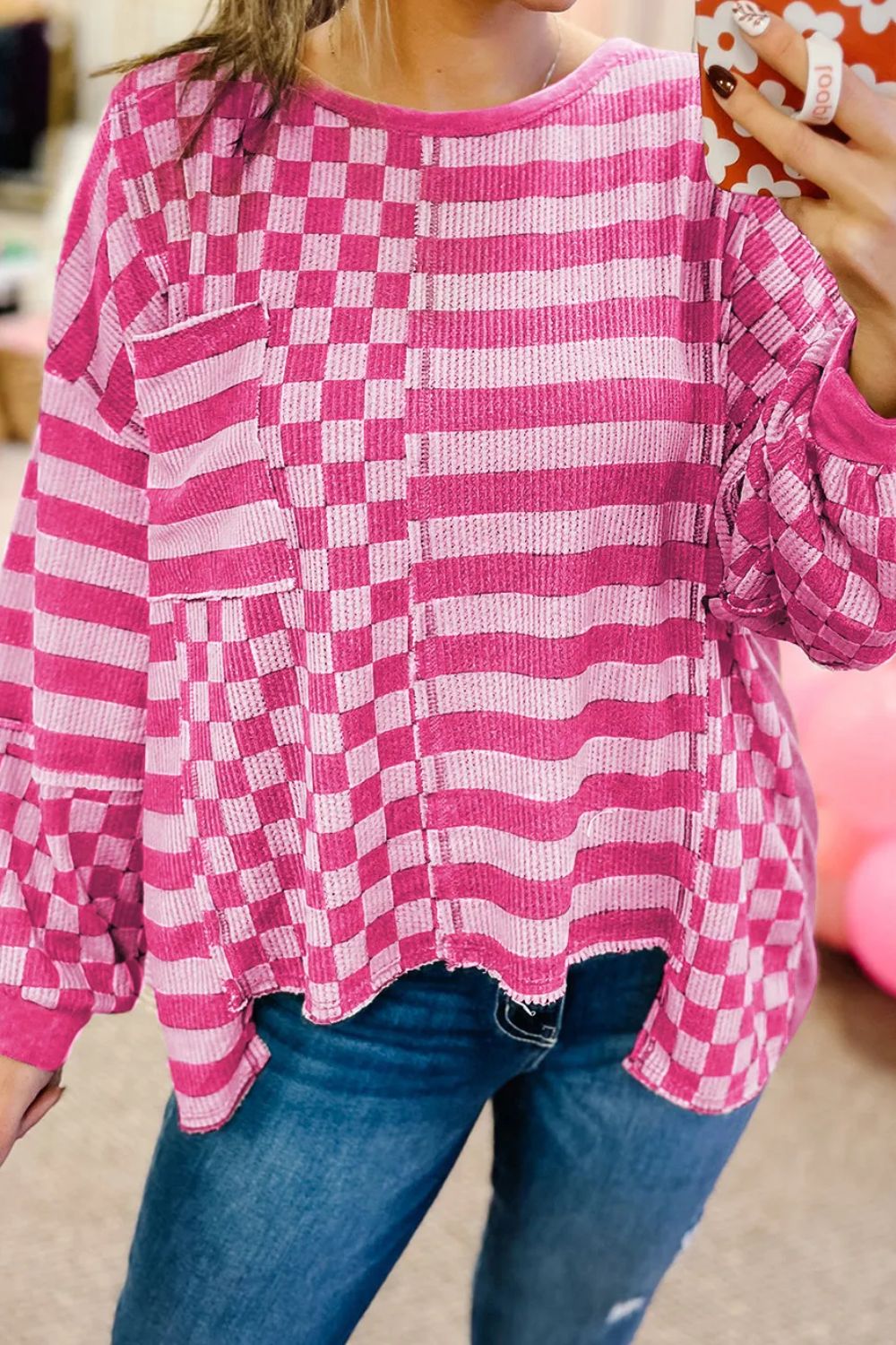 Checker & Stripes Round Neck Long Sleeve Blouse Hot Pink