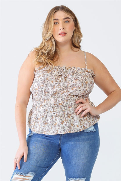 Zenobia Plus Size Frill Floral Square Neck Cami Taupe