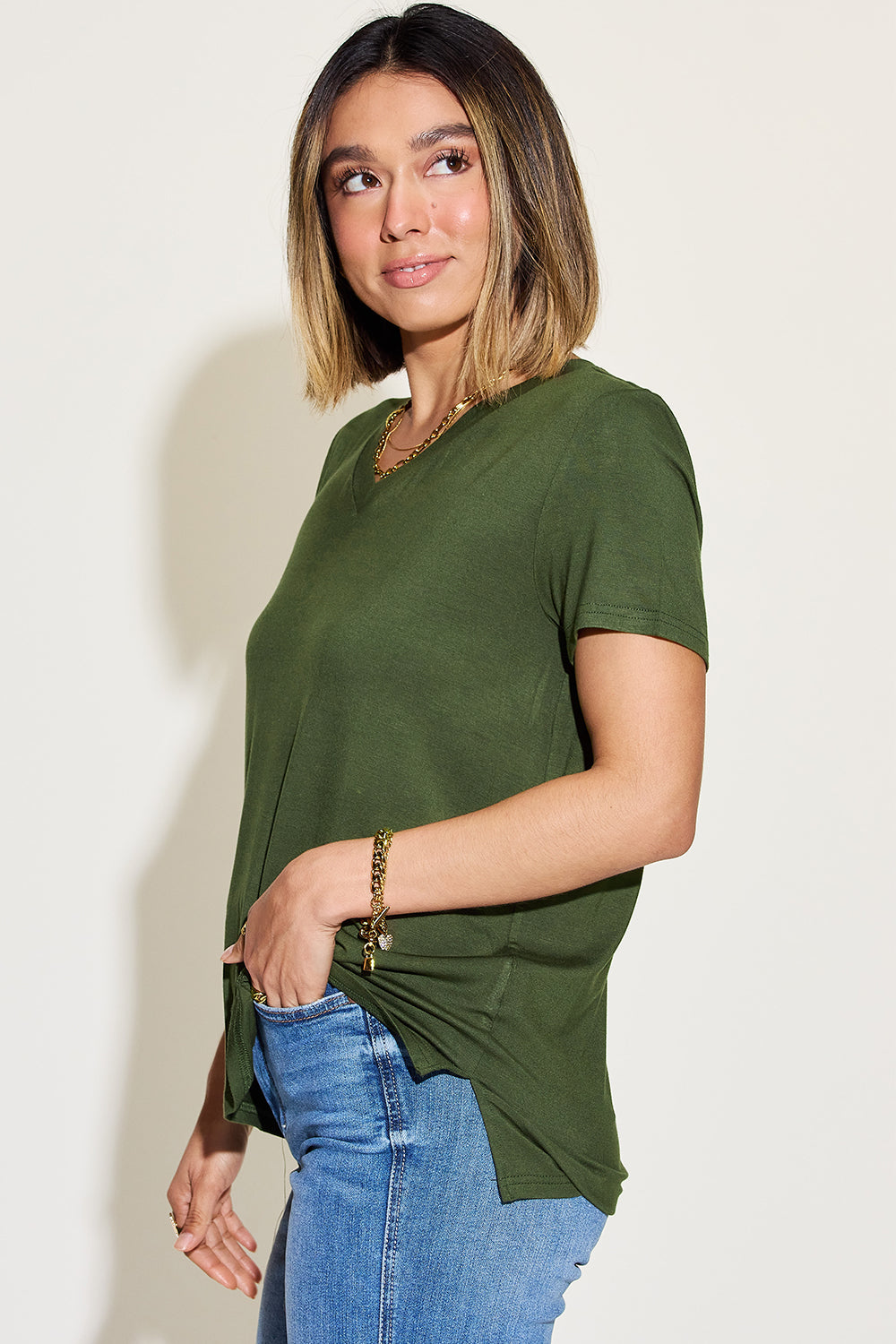 Soft Rayon V-Neck Hi-Lo T-Shirt