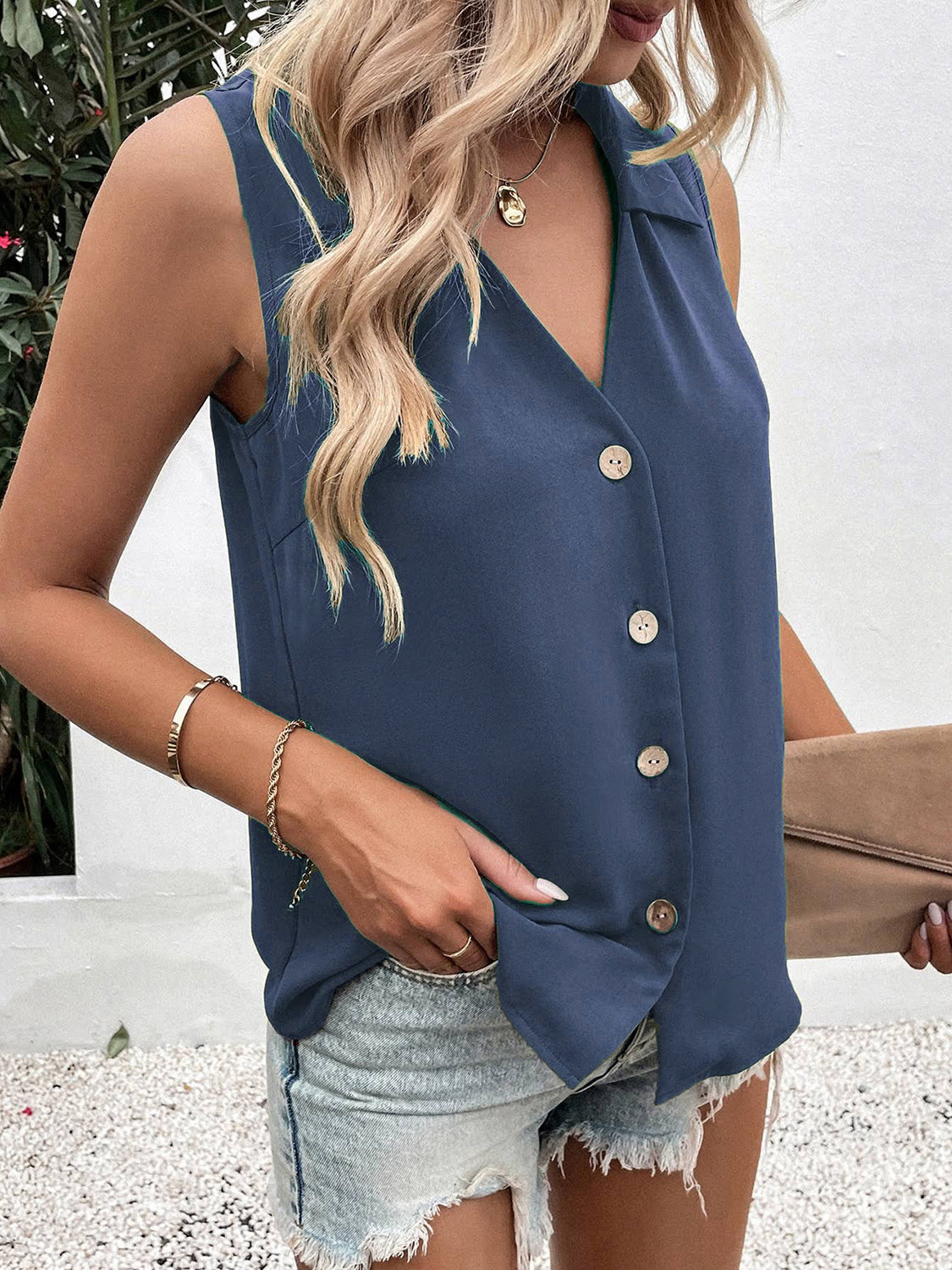 Full Size Johnny Collar Button Up Tank Dusty Blue