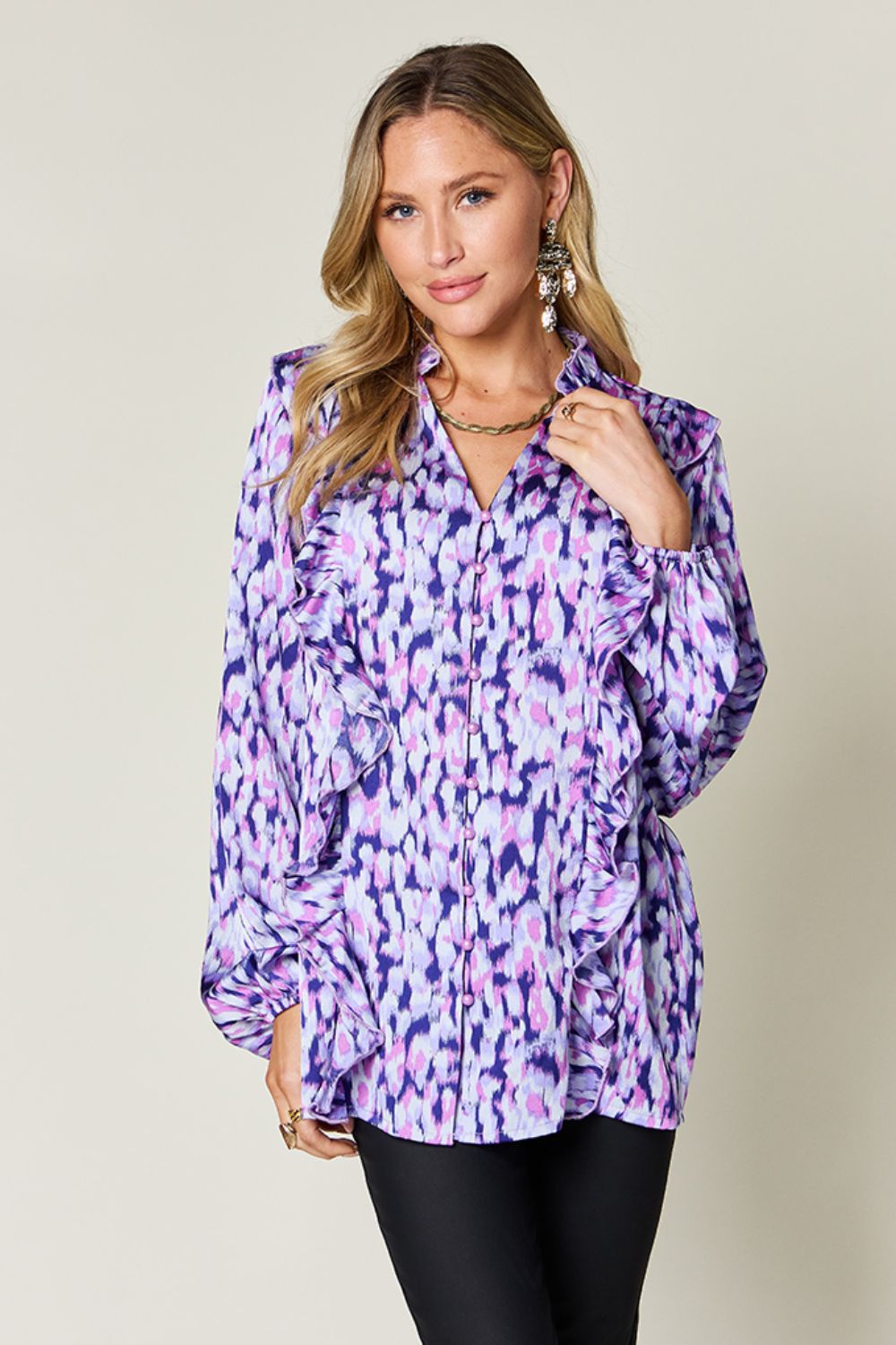 Printed Button-Down Top with Ruffle Balloon Sleeves