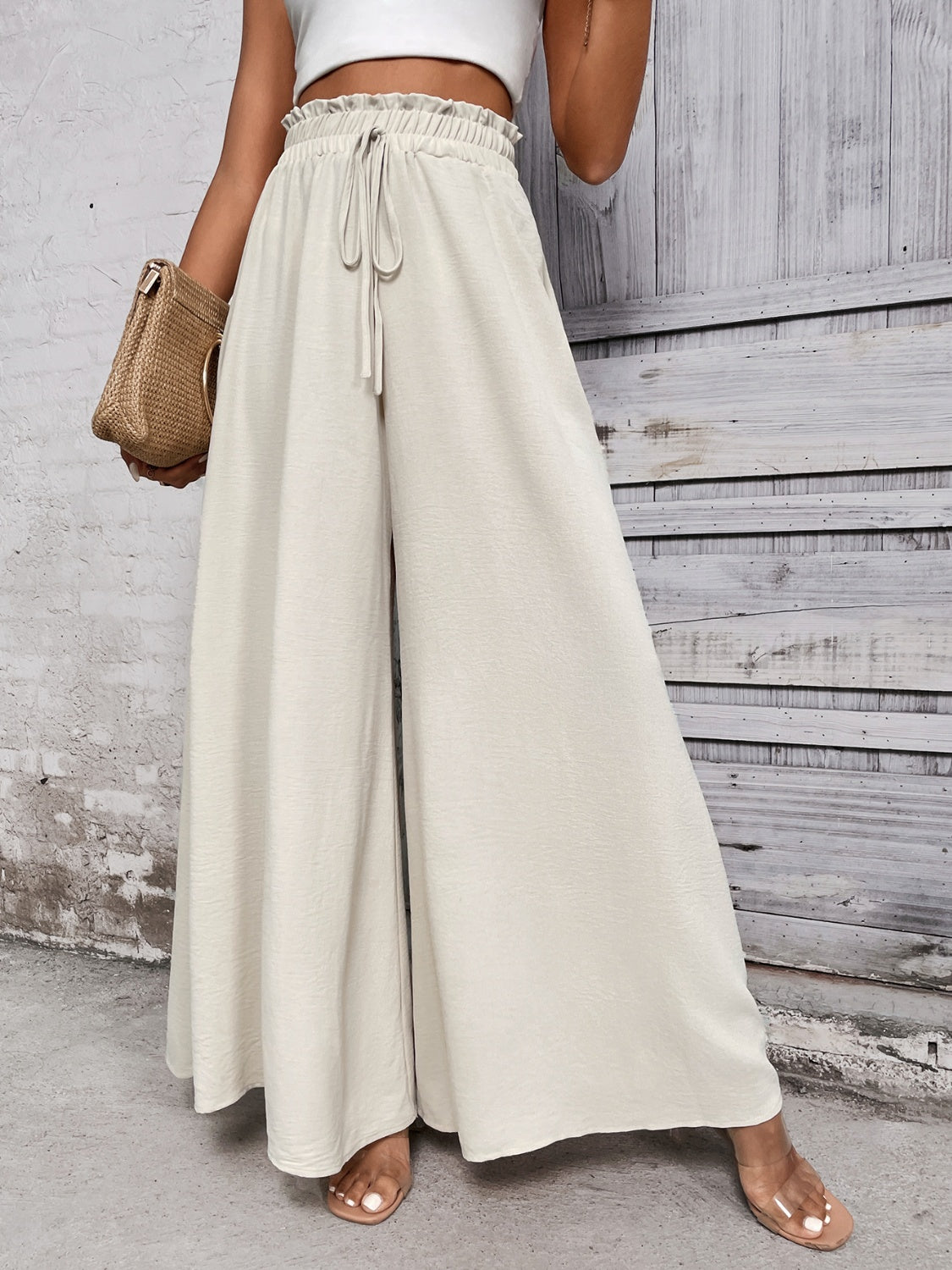 Tied High Waist Wide Leg Pants Beige