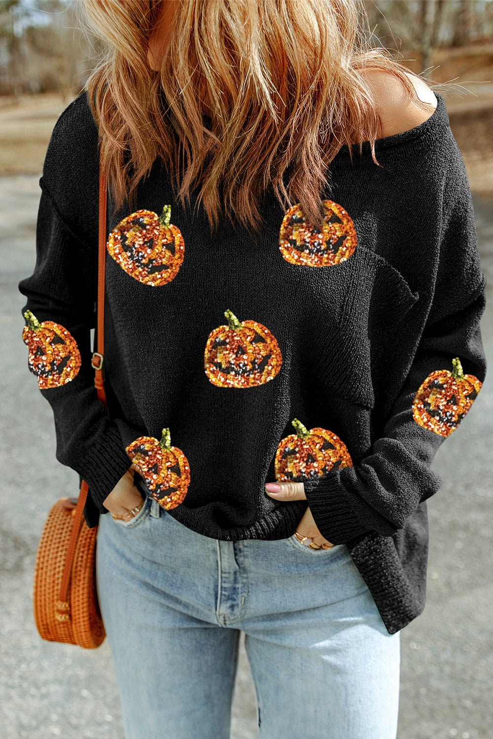 Pumpkin Round Neck Long Sleeve Knit Top Black