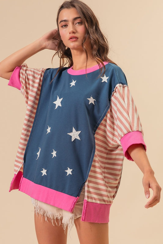BiBi US Flag Theme Color Block Star Patch T-Shirt Navy Multi