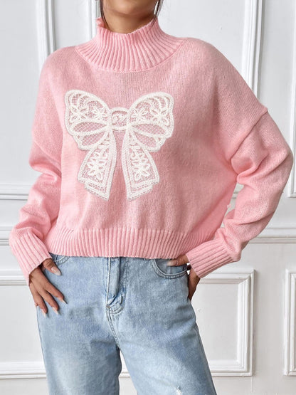 Bow Turtleneck Long Sleeve Sweater Blush Pink