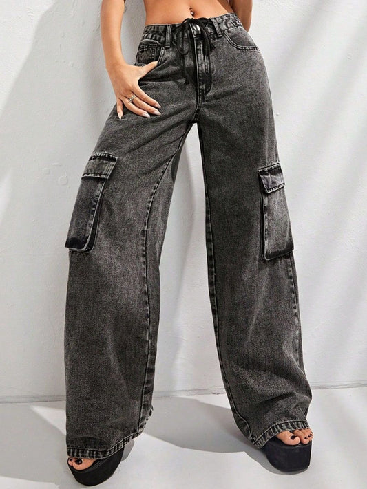 Wide Leg Jeans with Pockets Black