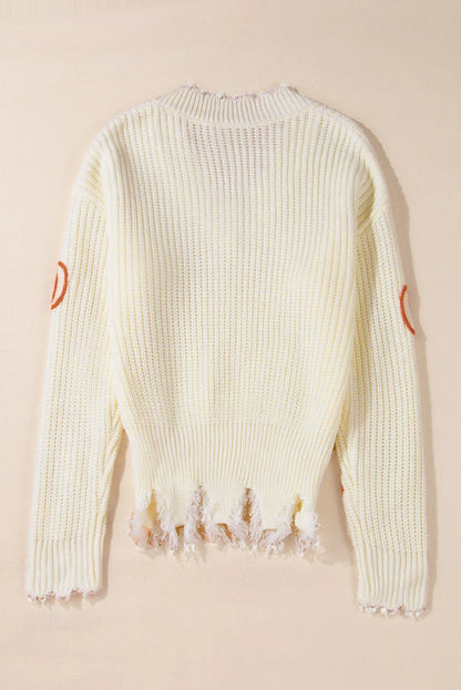 Raw Hem Pumpkin V-Neck Long Sleeve Sweater