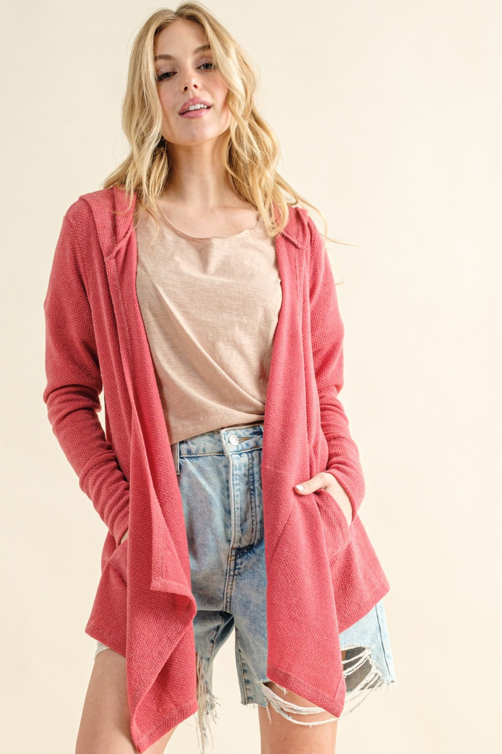 And The Why Full Size Thermal Hooded Open Front Cardigan with Pockets Rose Pink