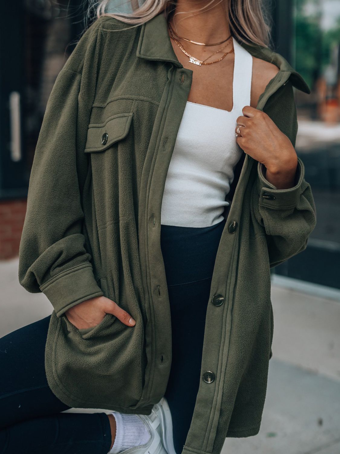 Button Up Long Sleeve Jacket Army Green