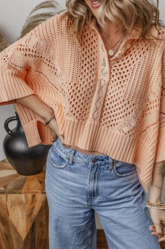 Cutout Collared Neck Three-Quarter Sleeve Sweater Apricot