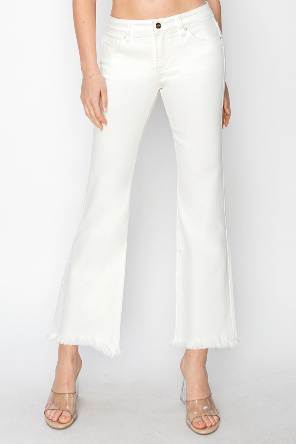 RISEN Full Size Tummy Control Crop Flare Step Hem Pants White