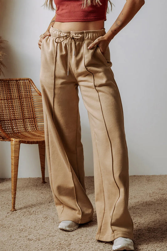 Drawstring Wide Leg Pants with Pockets Tan