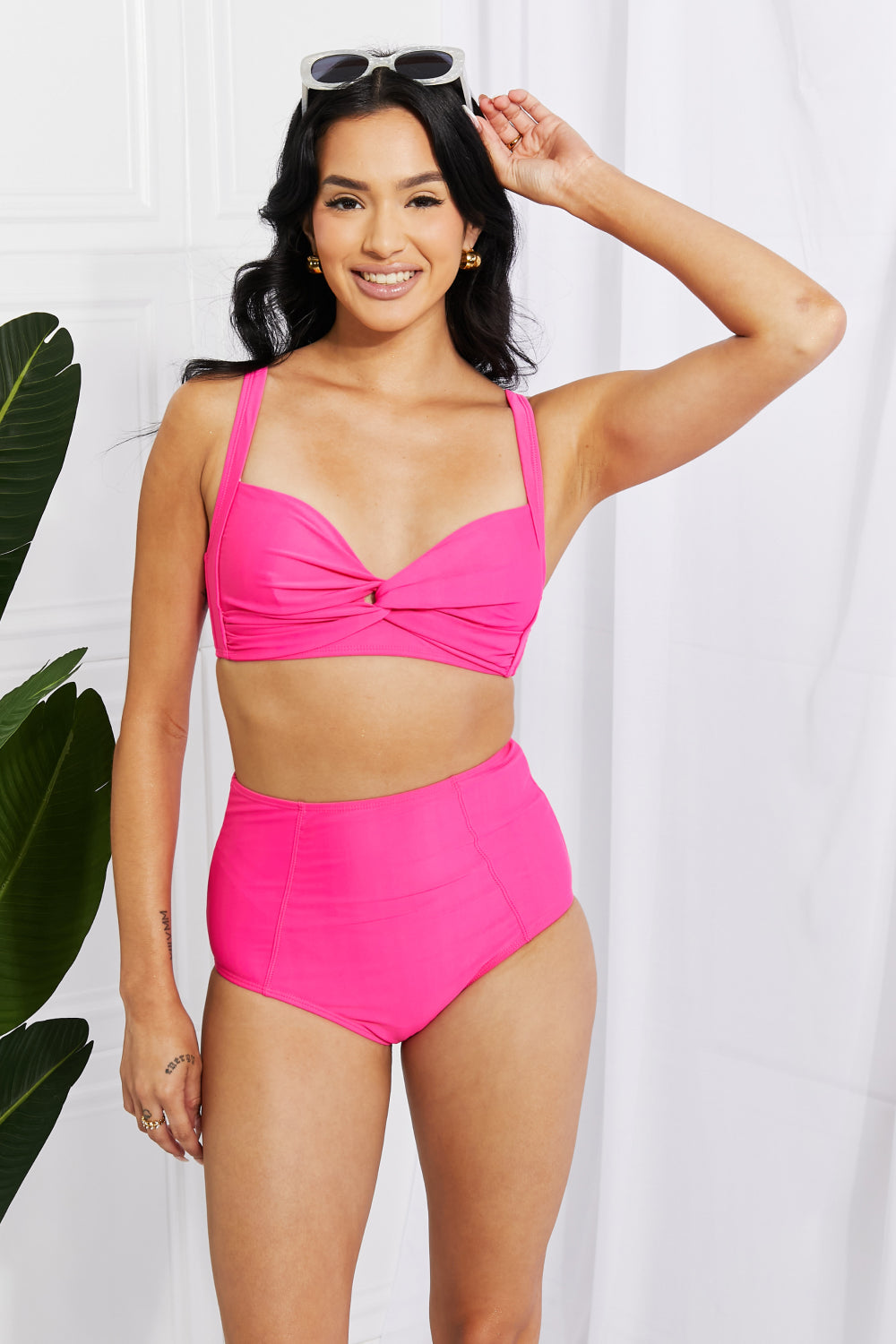 Pink High-Waisted Twist Bikini Hot Pink