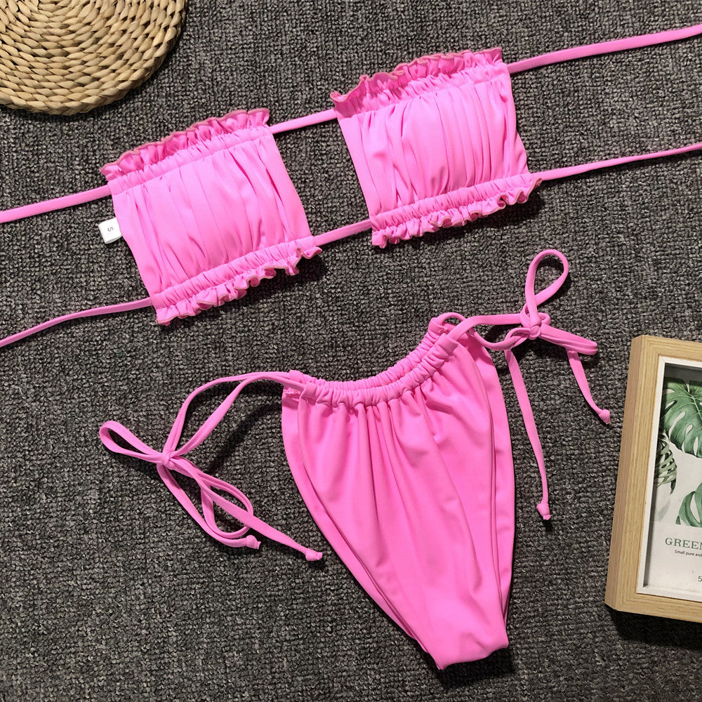 Ruched bikini set with flirty frill trim