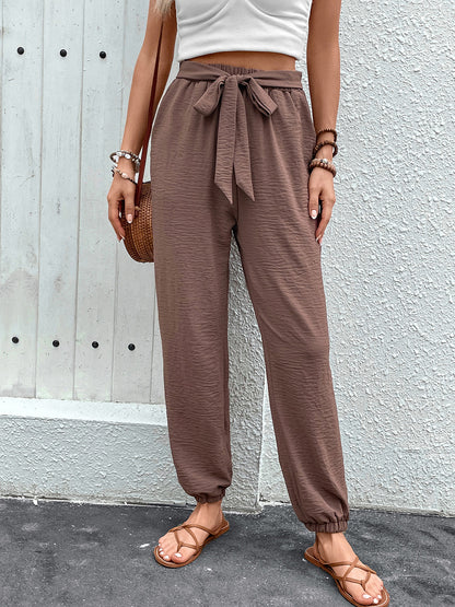 Tied High Waist Pants with Pockets Brown