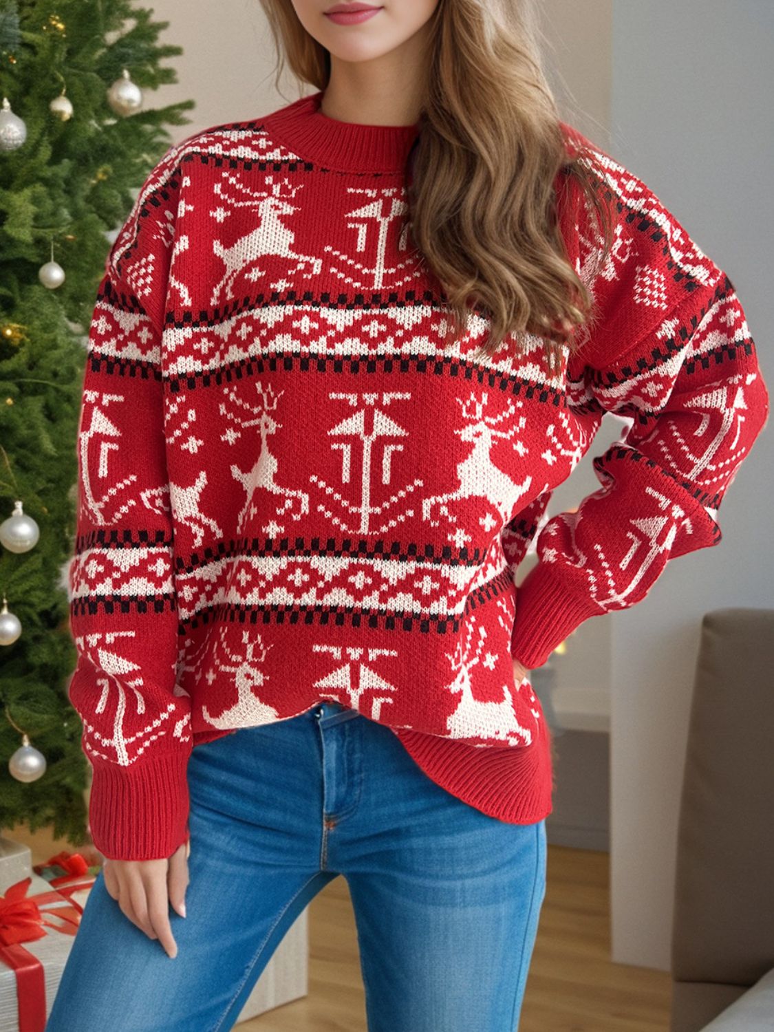 Christmas Element Round Neck Long Sleeve Sweater