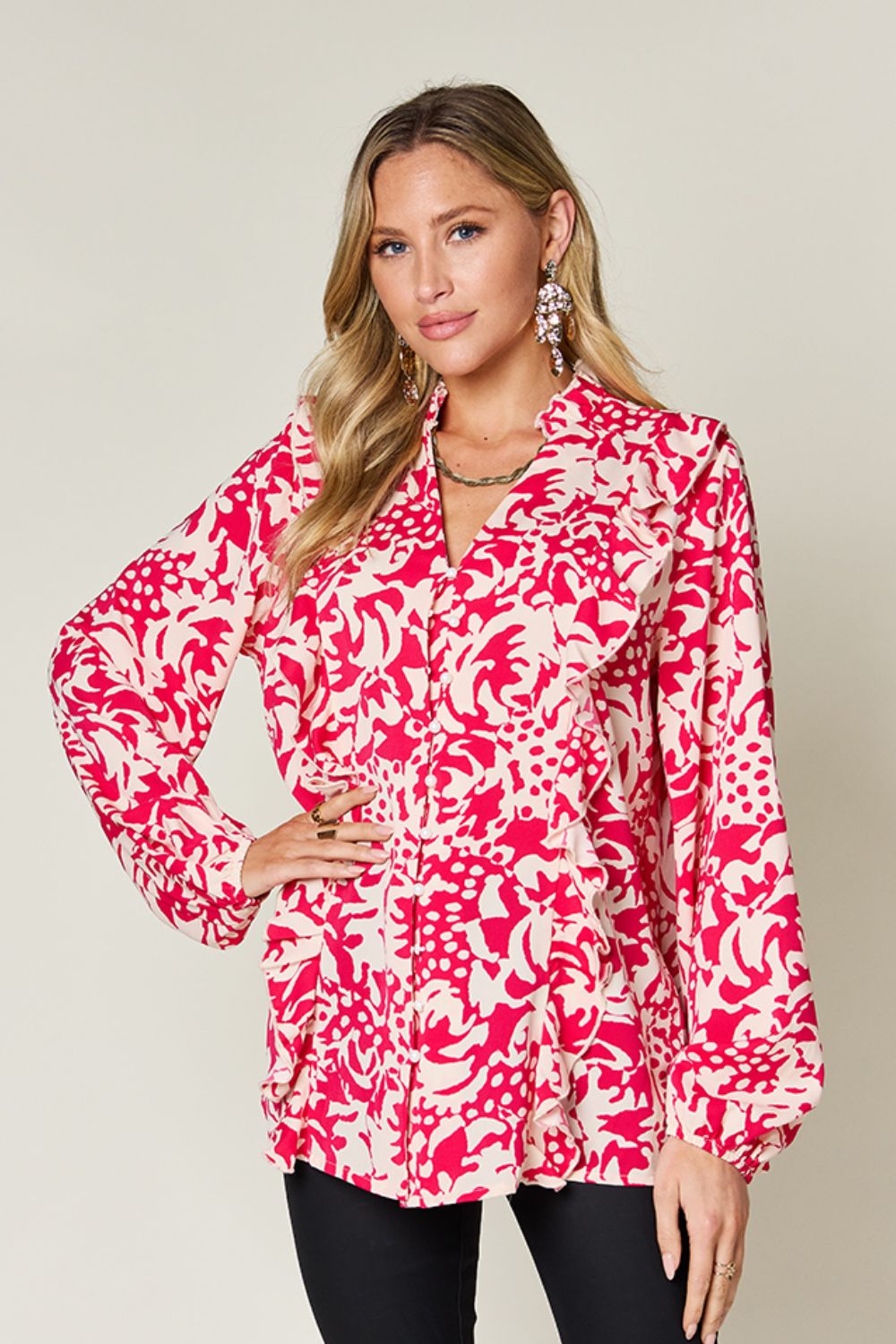 Printed Ruffle Balloon Sleeve Button-Down Top Hot Pink