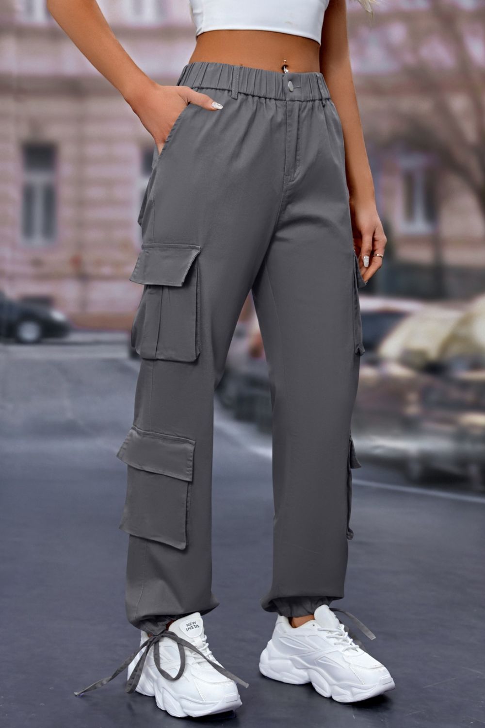 Elastic Waist Cargo Pants Dark Gray