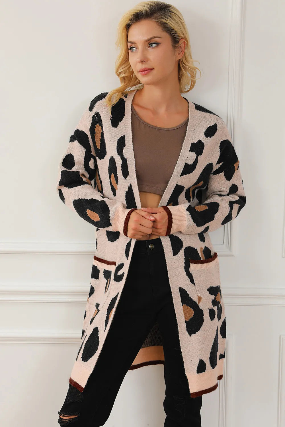 Leopard Open Front Long Sleeve Cardigan Leopard