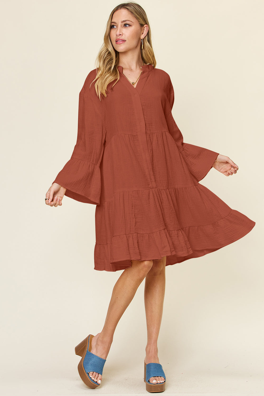 Textured Button-Down Ruffle Hem Dress