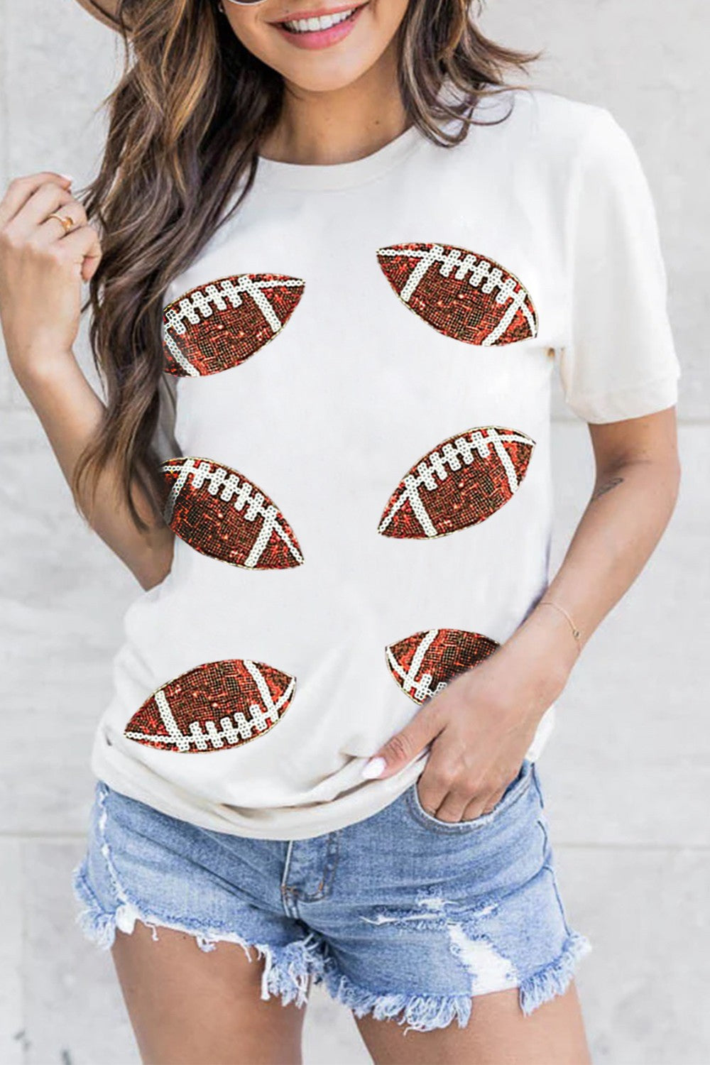 Sequin Football Round Neck Short Sleeve T-Shirt White