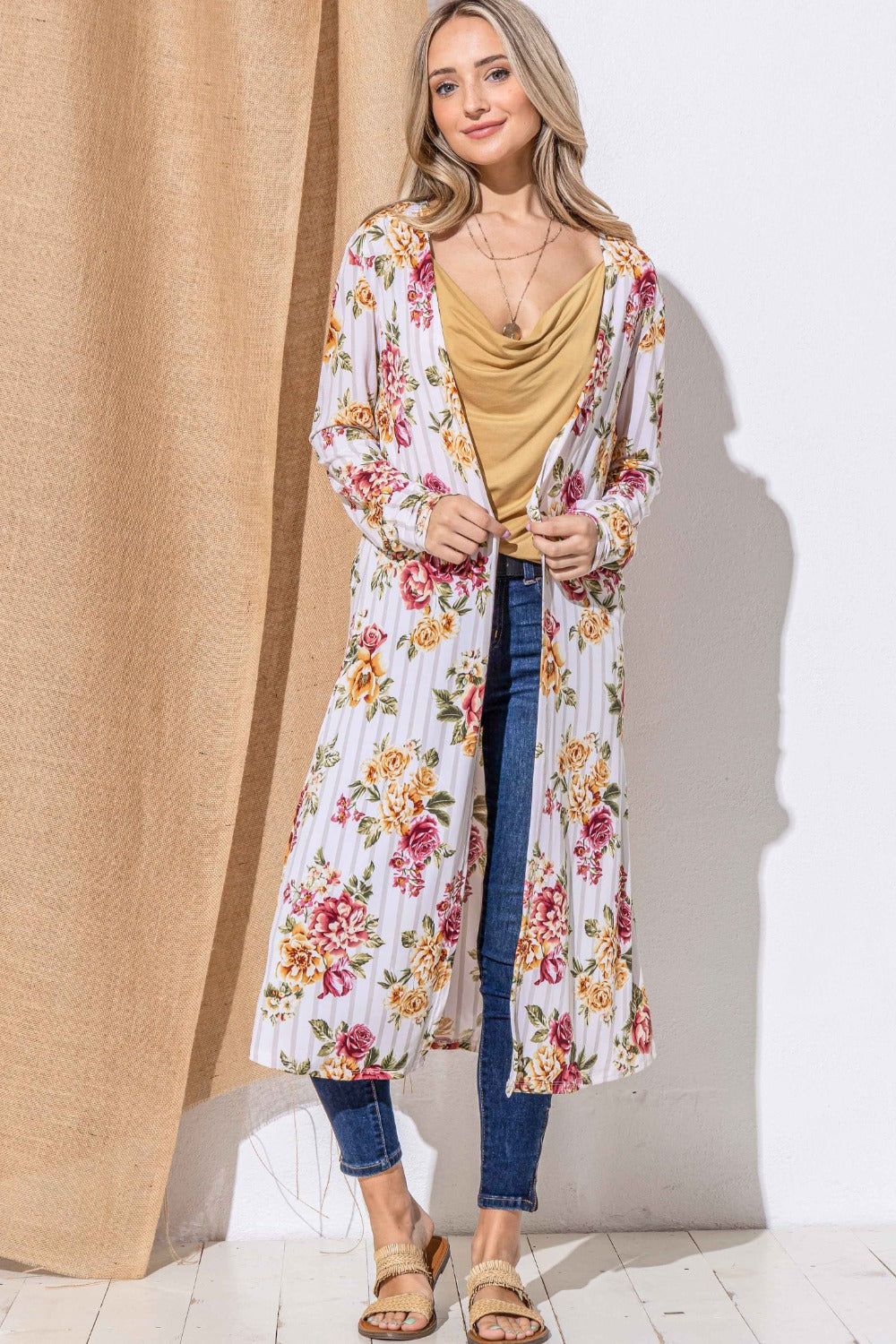 And The Why Floral Kimono Open Front Longline Cardigan Burgundy Stripe