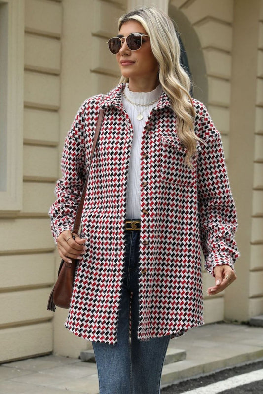 Houndstooth Button Up Dropped Shoulder Coat Deep Red