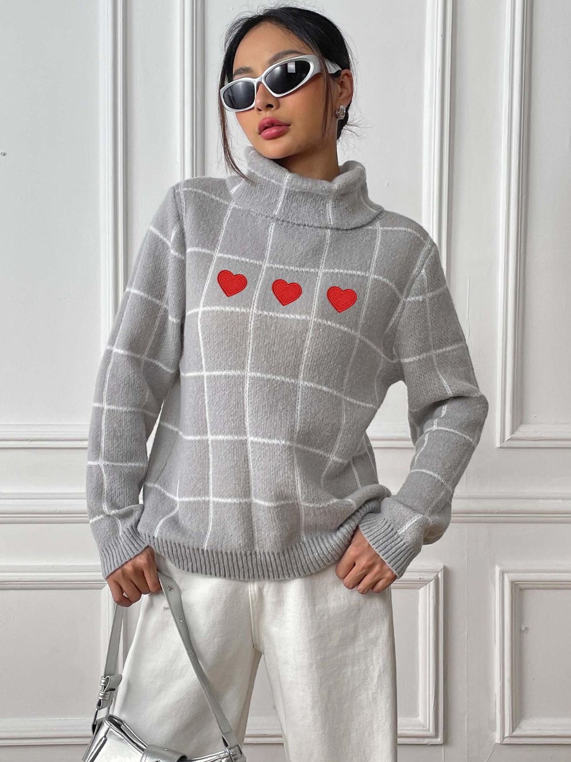 Heart Plaid Turtleneck Long Sleeve Sweater