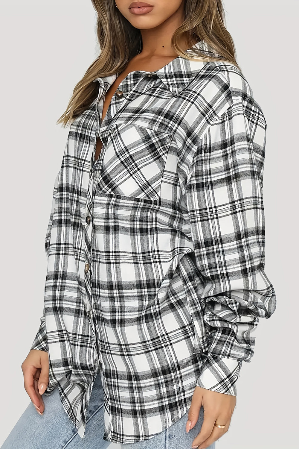 Plaid Collared Neck Long Sleeve Shirt