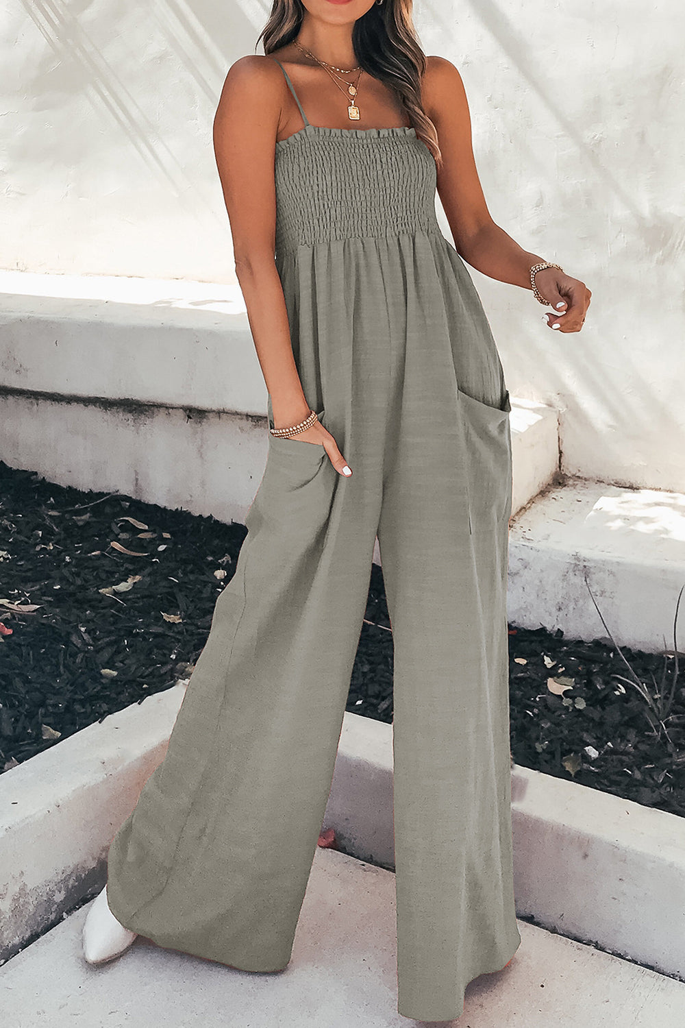 Smocked Spaghetti Strap Wide Leg Jumpsuit Gray