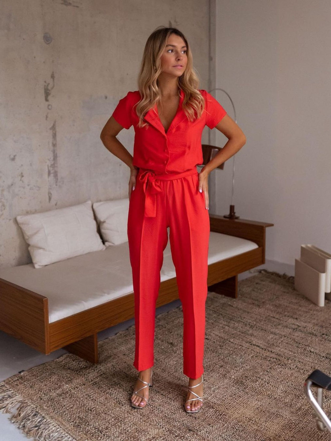 Tied Collared Neck Short Sleeve Jumpsuit Deep Red