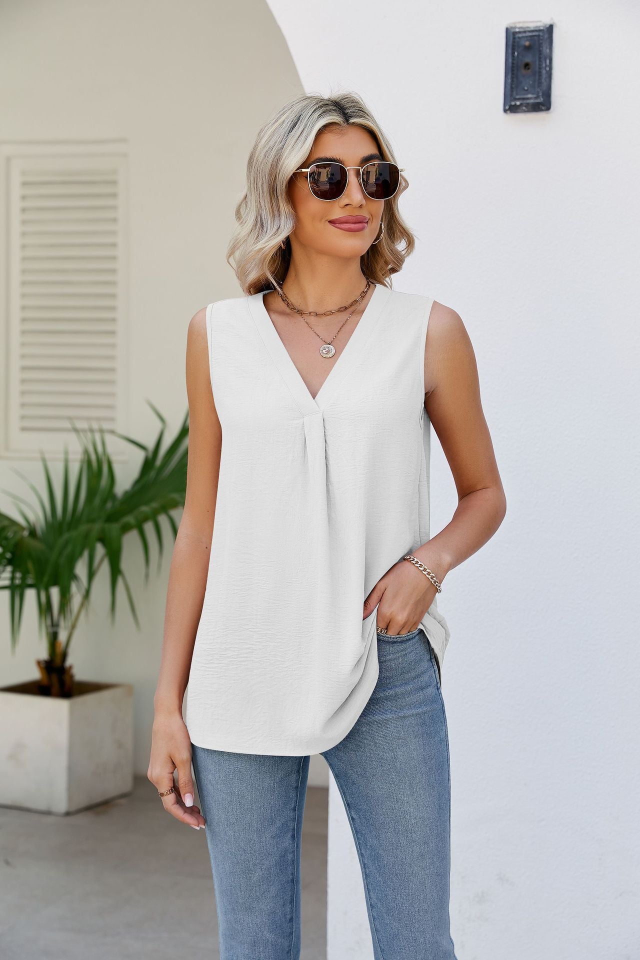 V-Neck Tunic Tank Top White