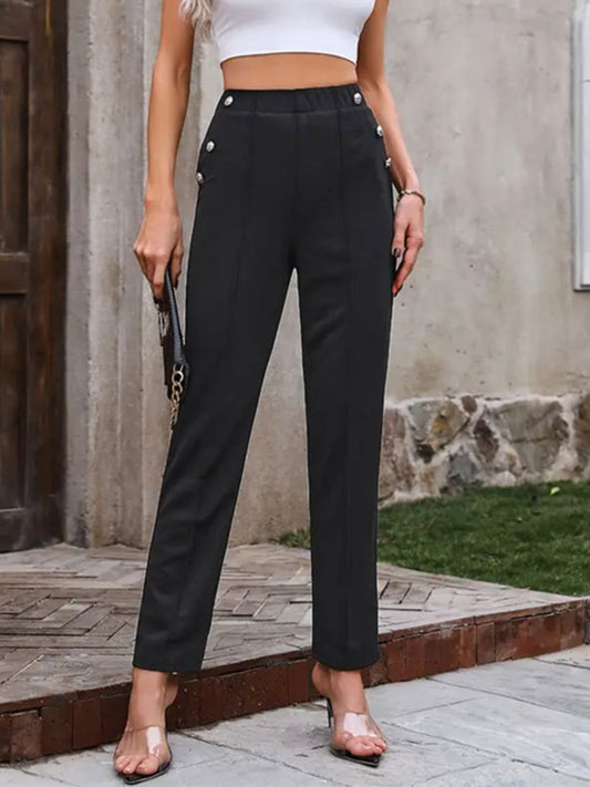 Decorative Button Elastic Waist Pants Black