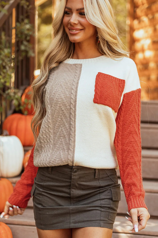 Color Block Round Neck Long Sleeve Sweater Orange