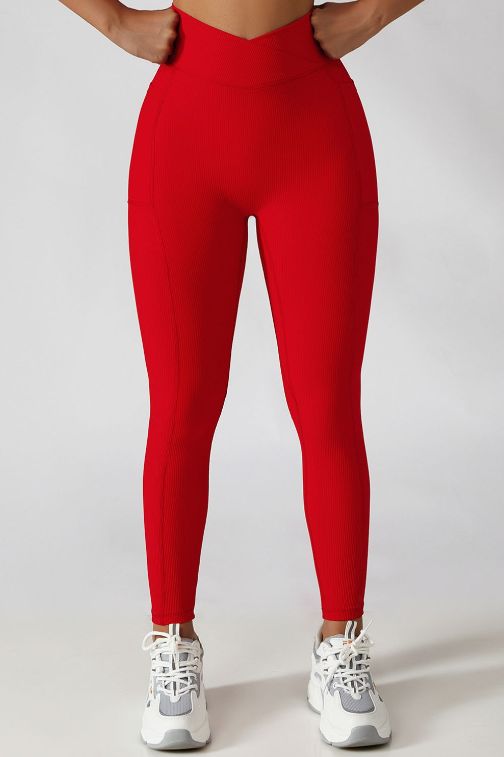 High-Waist Pocket Leggings with Crossover Detail Red