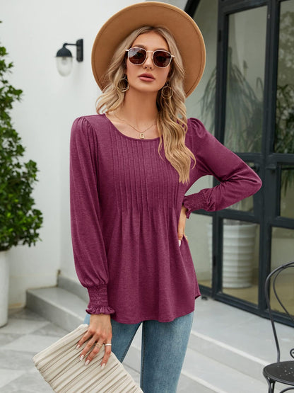 Smocked Round Neck Lantern Sleeve Blouse Cerise