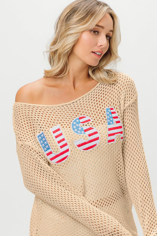 Patriotic USA Embroidered Beach Cover Up Oatmeal