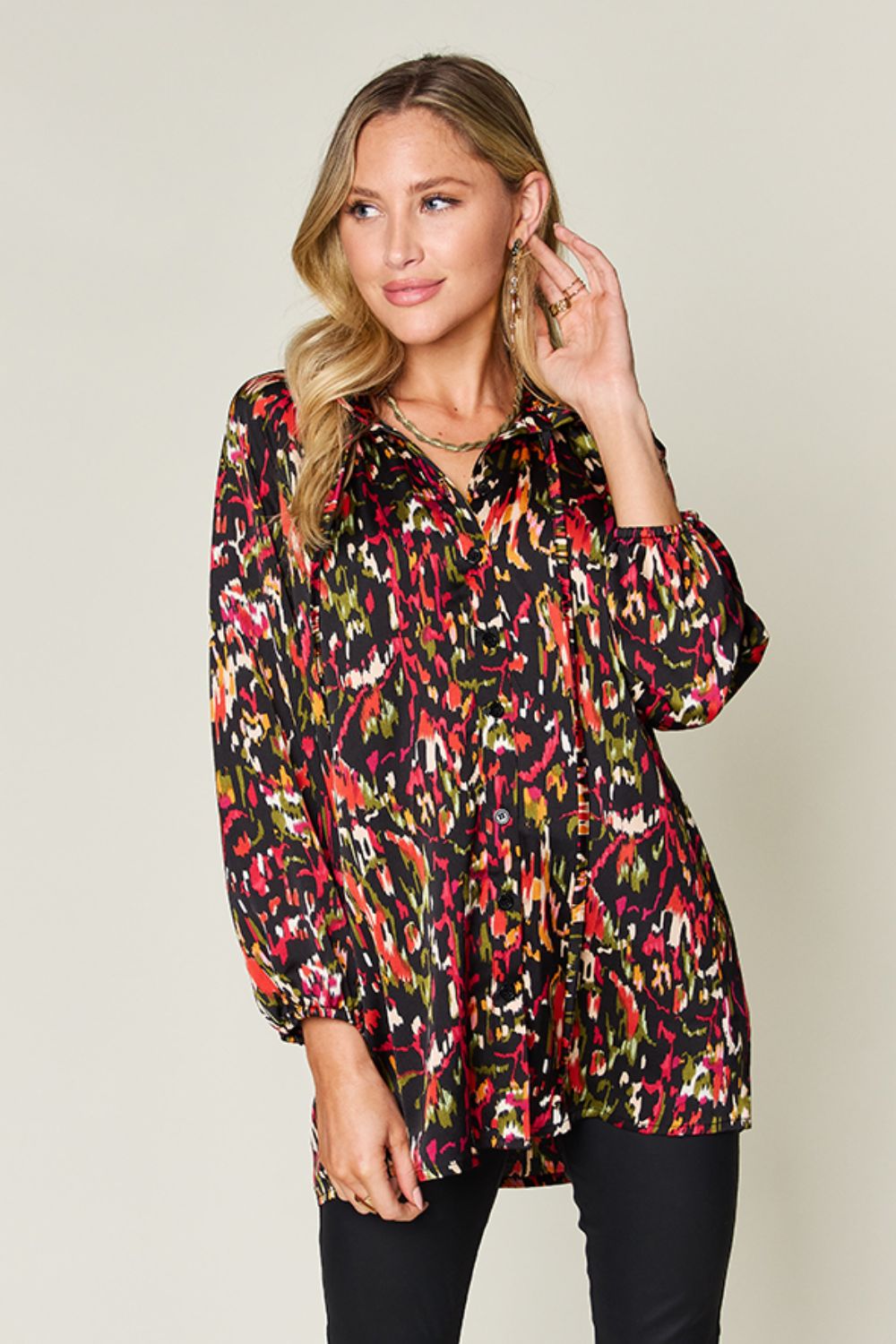 Printed Long Sleeve Button-Down Top