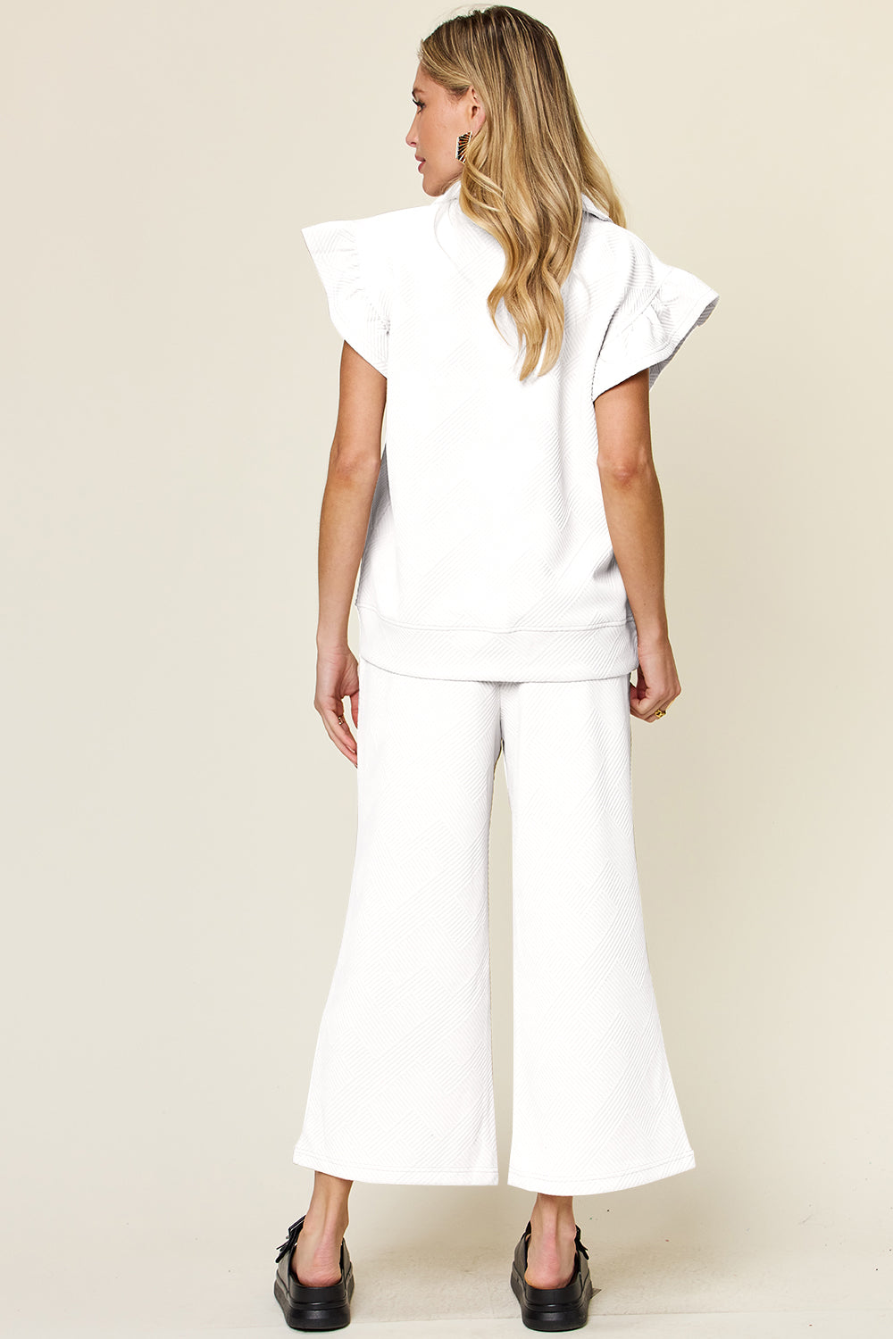 Textured Ruffle Top & Drawstring Wide Leg Pants Set