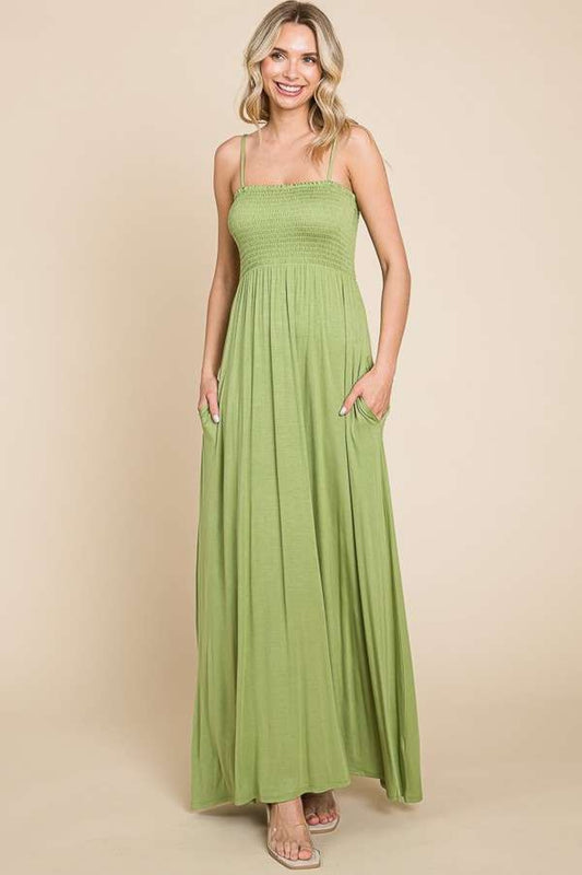 Culture Code Full Size Smocked Cami Maxi Dress with Pockets Happy Olive
