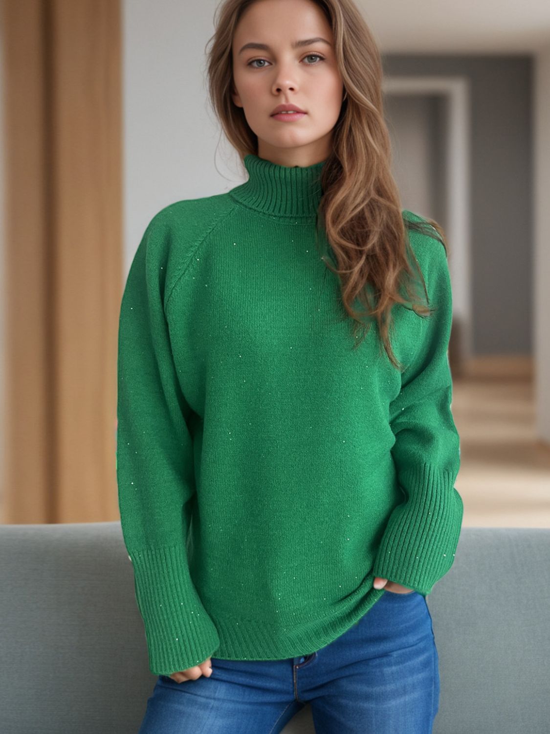 Turtleneck Raglan Sleeve Sweater Dark Green One Size