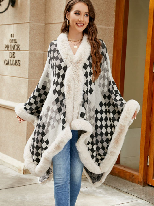 Checkered Faux Fur Trim Poncho Ivory One Size