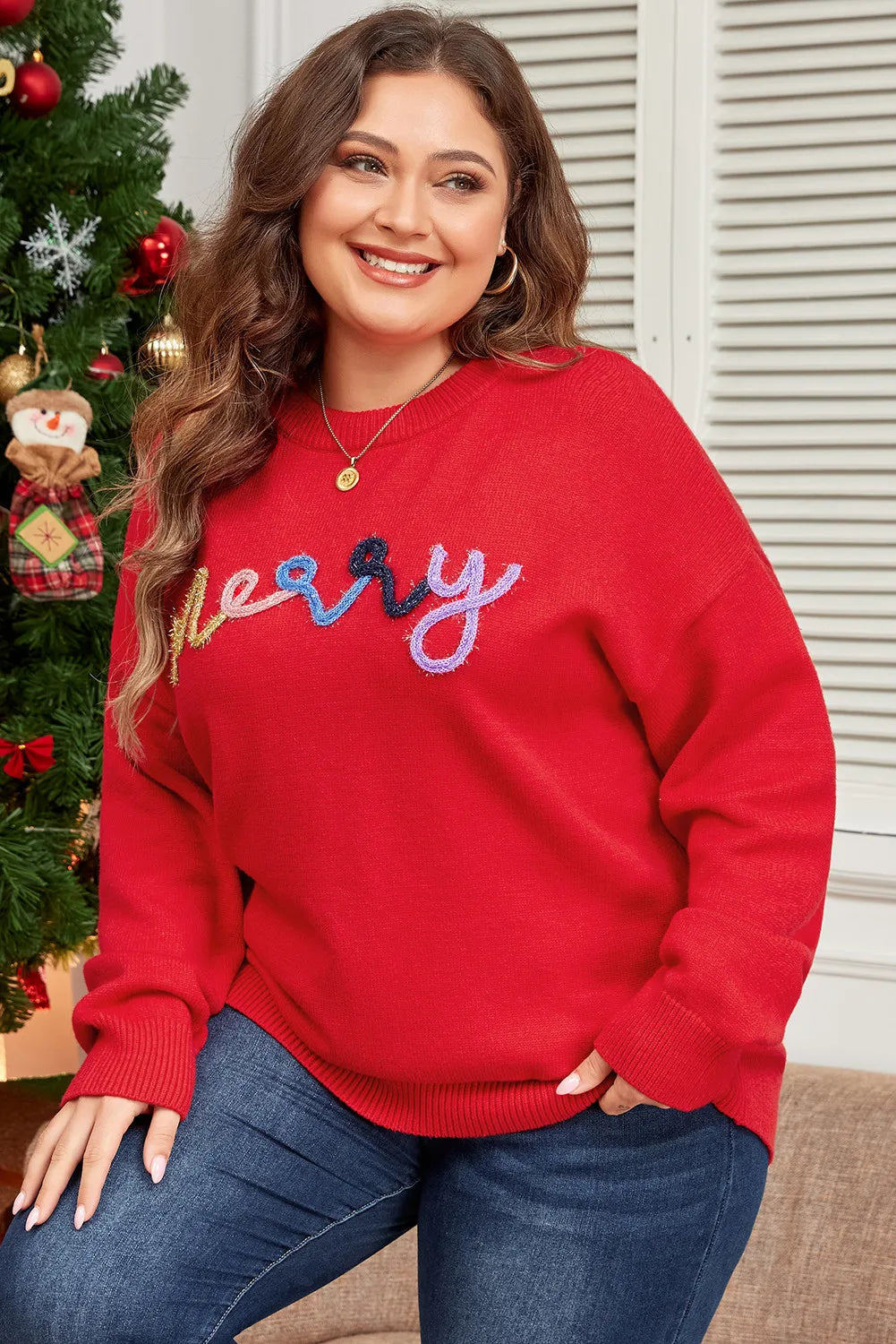 Plus Size MERRY Round Neck Long Sleeve Sweater Deep Red