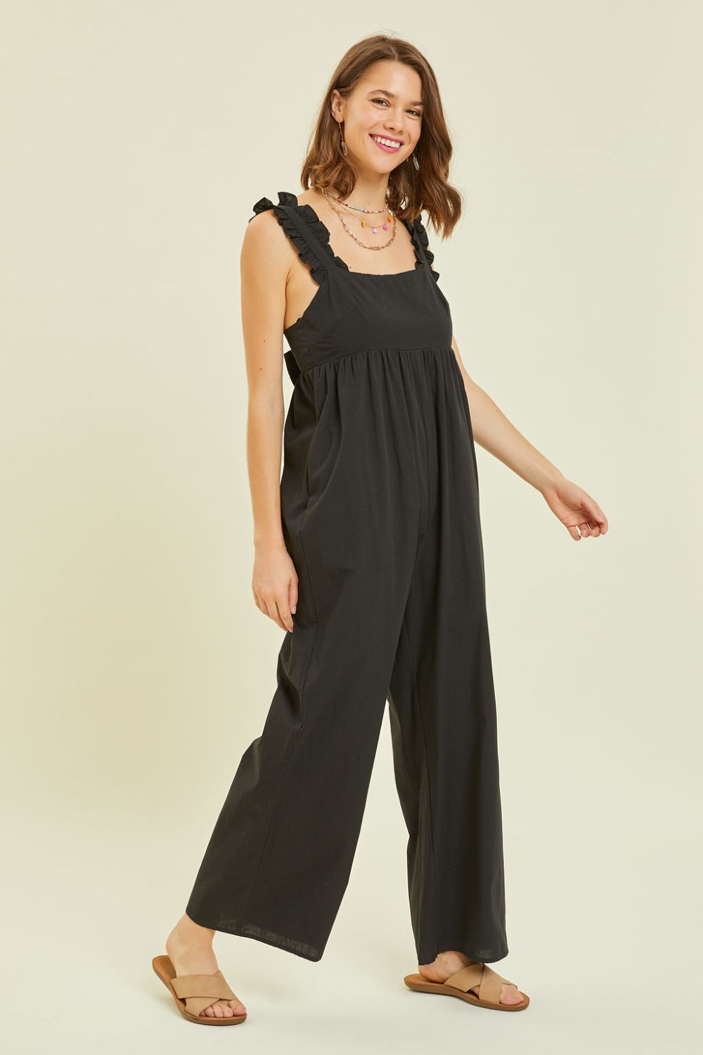 HEYSON Full Size Ruffled Strap Back Tie Wide Leg Jumpsuit Black